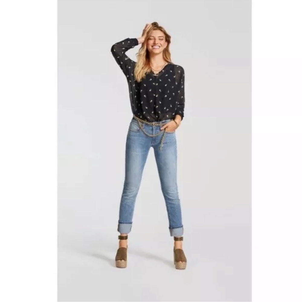 CAbi Black Floral Embroidered Peasant Blouse Small